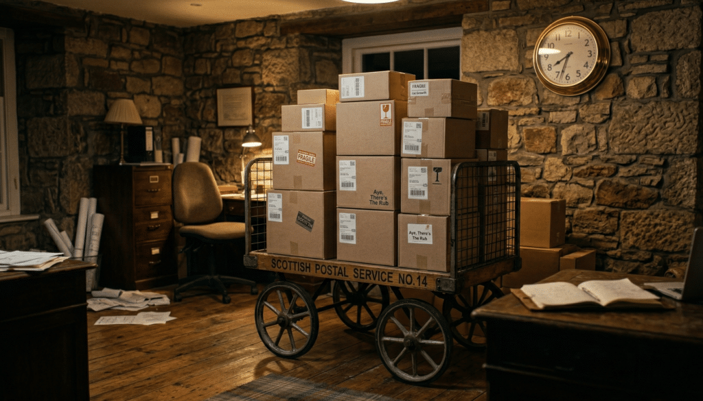 A neat stack of shipping boxes overflowing from a vintage wooden mail cart in a small, slightly cluttered stone-walled office. A brass analog clock on the wall shows it is past 7:00 PM. Warm, dim overhead lighting indicating late-night overtime work.
