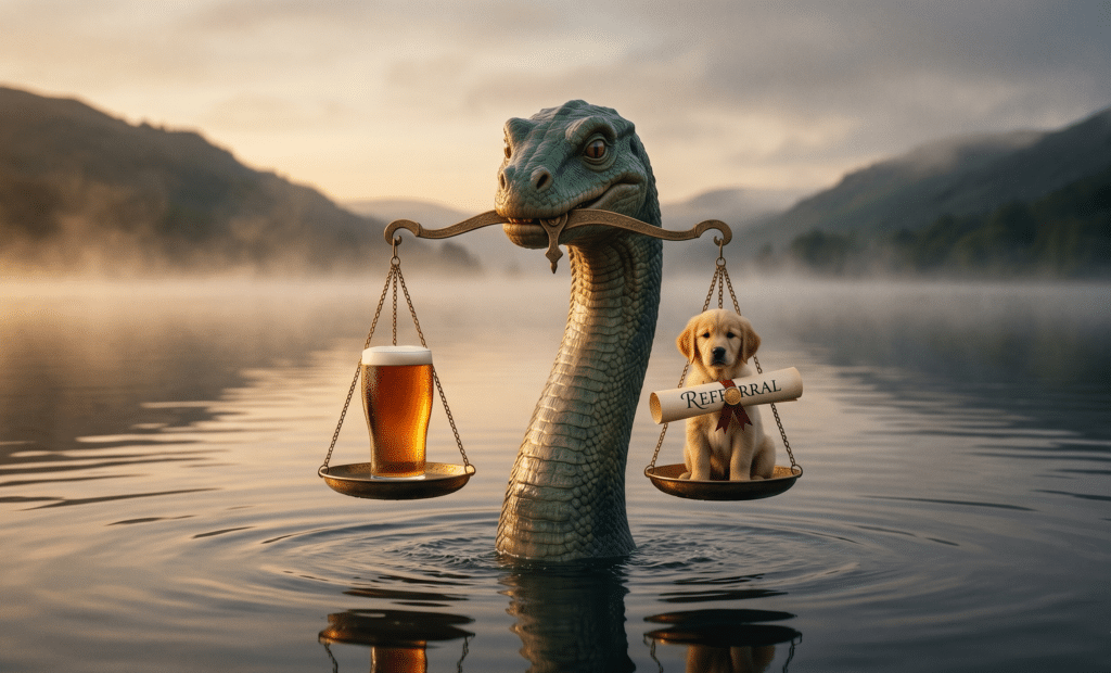 A conceptual, photorealistic photograph. A "Networking Nessie" (friendly Loch Ness Monster) head and neck emerge from a calm, misty loch. In its mouth, Nessie holds a balanced scale. On one side of the scale sits a perfectly poured pint of beer (symbolizing chemistry/Buzz). On the other side sits a behaviorally perfect puppy holding a rolled referral (symbolising reliability/BNI). A warm, successful glow encompasses the entire image.