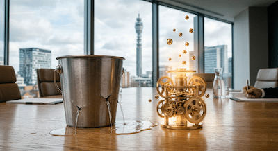 business with high customer satisfaction (the compounding engine) vs. one that is constantly refilling a "leaky bucket."