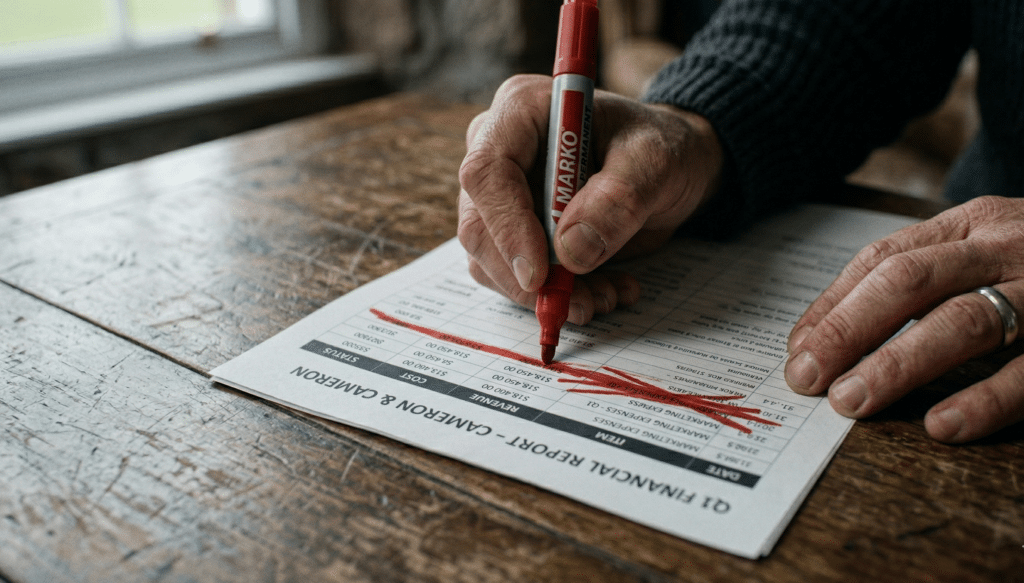 Close-up shot on a rustic wooden table. A pair of hands holding a thick red marker, aggressively crossing out a line item on a printed financial spreadsheet. Soft natural lighting, emphasizing the texture of the paper and the tension in the hands.