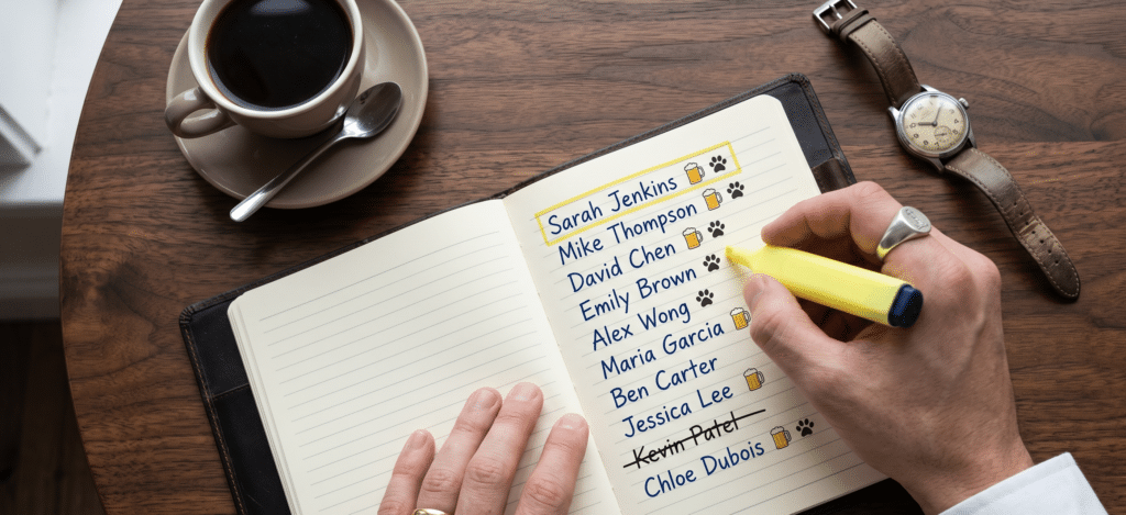 A detailed flat-lay photograph on a modern, dark wooden table surface. A handwritten list of ten names is visible in a premium notebook. Some names have a beer mug emoji next to them; others have a paw print.