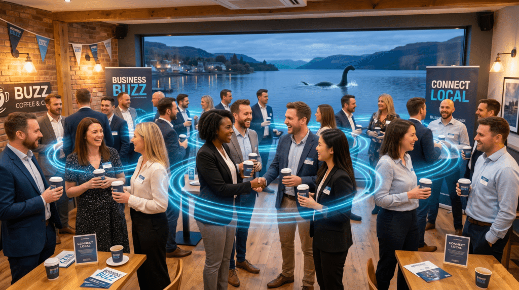 A dynamic, bright horizontal photograph capturing the energy of a Business Buzz style mix-and-mingle event
