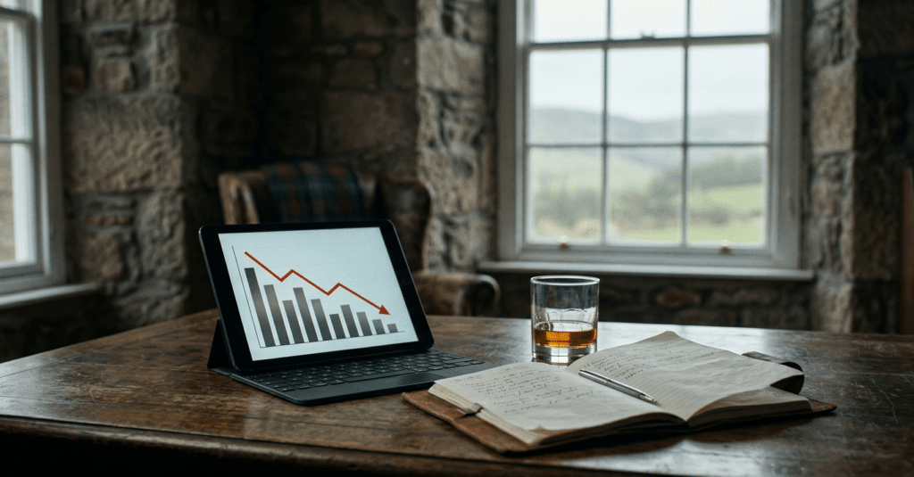 Cinematic shot, depth of field. A heavy dark wooden desk in a Scottish executive office with stone walls. Soft, diffused, overcast window light. On the desk, a modern tablet displaying a red "downward trend" bar chart lies next to a half-empty glass of amber whisky and an open, slightly crumpled leather notebook