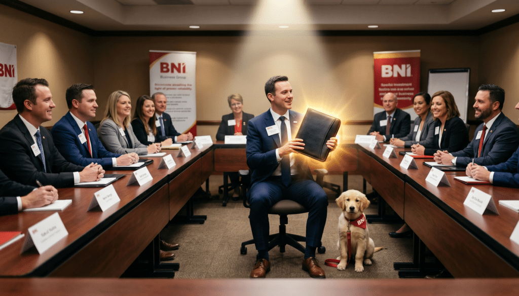 A focused, high-clarity photograph of a structured BNI-style meeting in progress. Members in suits are seated around a horse shoe arrangement of tables. A single spot-light shines on the person delivering their presentation. The speaker’s hands are holding a professional business portfolio, which is emitting a strong, focused, golden glow (the light of proven reliability). A small, healthy puppy, wearing a BNI brand-red collar, sits perfectly behaved next to their seat at the table.