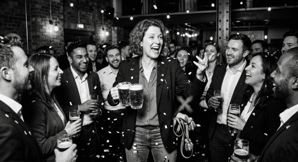 A charismatic professional is holding two overflowing beer steins, gesturing animatedly and commanding the attention of the laughing crowd (Yes Beers). They are surrounded by confetti. In their pocket, completely forgotten and partially crushed, is a tangled leash and a dog toy. A small, invisible "X" (made of slightly hazy smoke) hovers over the leash.