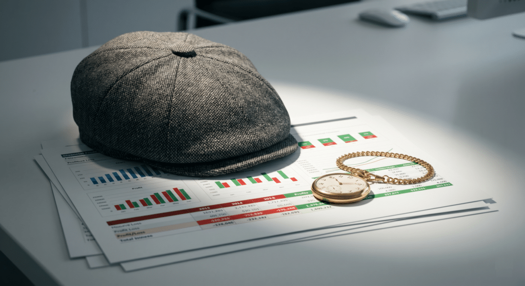 A visual collision of the romanticised 1920s family gang and modern, clinical business reality.