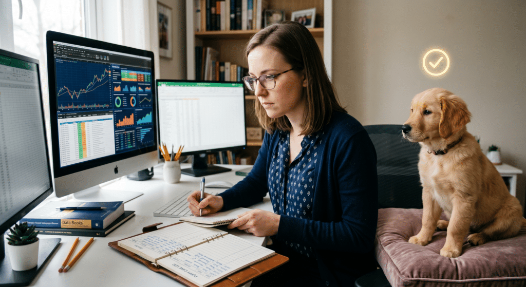 A detailed candid portrait of an analyst type sitting at a clean, meticulous, data-filled desk (charts and spreadsheets visible)