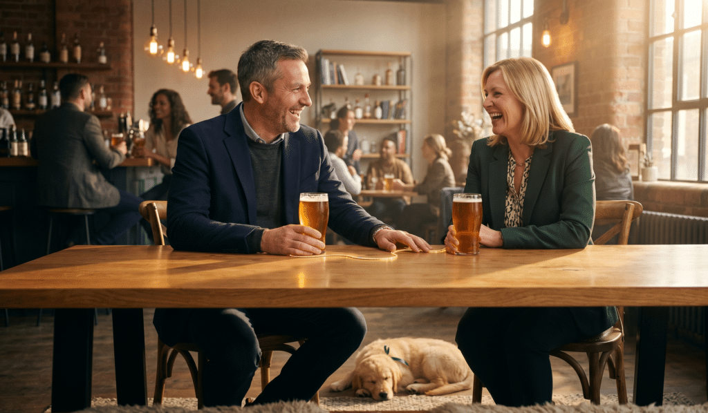 Professionals laughing heartily over two craft beers at a polished wooden table