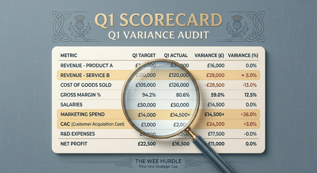A clean, illustrative graphic design style. A subtle grey-blue linen background. A stylized "Q1 Scorecard" featuring a magnifying glass hovering over three highlighted rows of financial data. Lit by soft, diffused light to make the graphic feel modern but tactile.