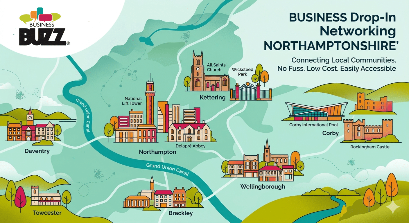 Map showing Business Buzz networking event locations across Northamptonshire including Northampton, Kettering, Wellingborough, Rushden, Daventry, Towcester and Brackley