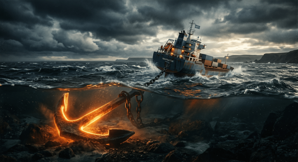 A cinematic, high-contrast illustration of a small, modern cargo ship struggling to stay afloat because it is tethered to a comically massive, glowing iron anchor that is far too large for the vessel. The sea is slightly choppy, representing business risk. Style: hyper-realistic, dramatic lighting, corporate editorial illustration, muted blues and greys with a single striking accent colour.