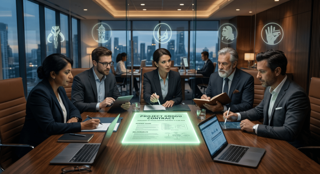 A detailed boardroom table photograph of 5 distinct, collaborative business specialists. They have subtle holographic symbols of the Mandalorian crew members hovering above them: A Mentor (Kuiil’s ugnaught silhouette), a Heavy Hitter Lawyer (Cara Dune’s shock-trooper sigil), a Guild Connector (Greef Karga’s hand symbol), a Tech Automation expert (IG-11’s droid head), and a Leader (Din Djarin’s mudhorn). They are collaborating on a single, luminous "Project Grogu" contract.