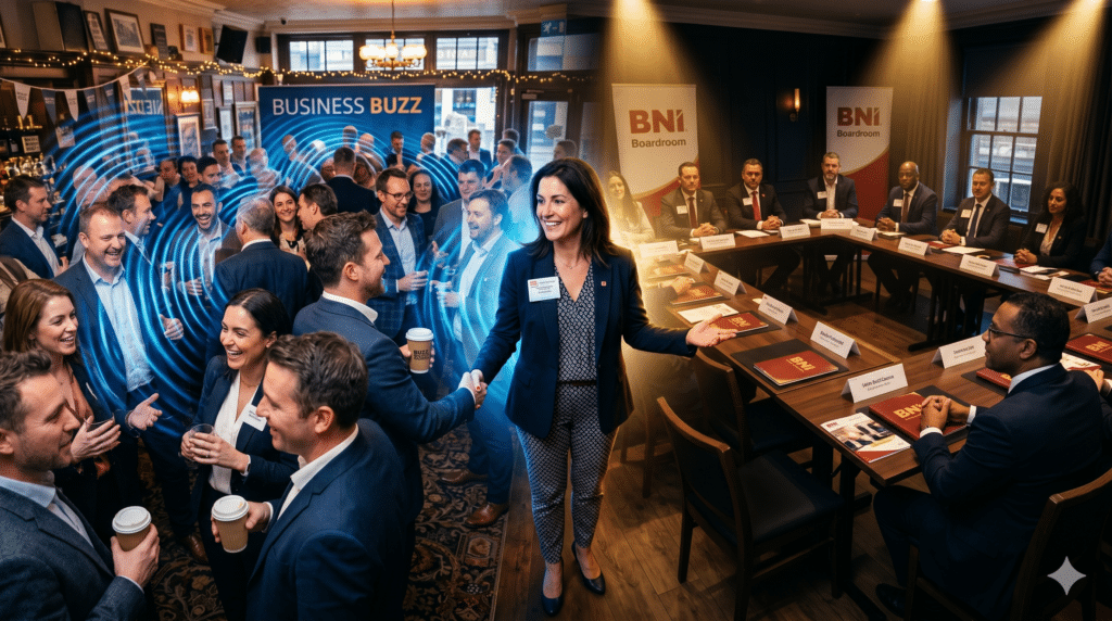 A cinematic 16:9 photograph designed as a transitional panorama. The left side captures the energetic, diverse, loud atmosphere of a Business Buzz style mixer in a crowded pub, filled with laughter, coffee cups, and blue-toned "chemistry ripples." The right side smoothly transitions into the serious, focused, exclusive horseshoe arrangement of a BNI boardroom meeting, with spotlights and golden "accountability light." In the center, a hybrid master connector stands, successfully balancing both environments, casting both blue and golden light.