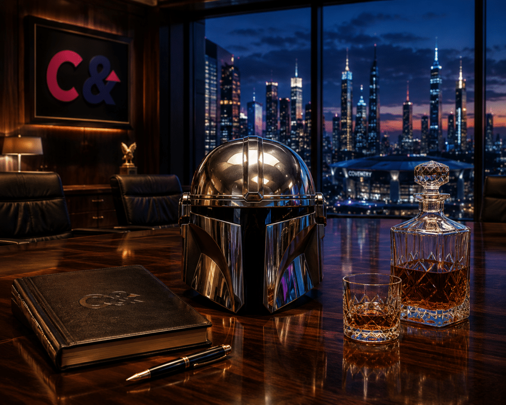 A focused, high-clarity cinematic photograph set in a modern, mahogany-paneled boardroom overlooking a thriving futuristic city skyline at twilight. A pristine Mandalorian helmet, made of polished, reflective Beskar steel, rests on the center of the table. Its T-visor reflects the corporate lights. Surrounding the helmet are traditional business artifacts: a premium leather notebook (with the Cameron & Cameron logo subtly embossed), a Montblanc fountain pen, and a crystal whisky decanter. The atmosphere is solemn, powerful, and strategic.