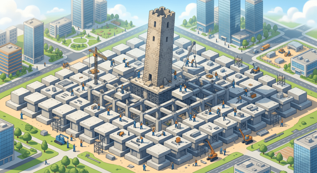 A stylised, 3D architectural render showing a precarious tower made of a single large block being stabilised by a construction crew adding dozens of wide, sturdy foundation blocks around its base. The original central block remains untouched, but the structure around it grows massively in width and strength. Style: clean, modern isometric business illustration, bright and optimistic lighting, high detail.