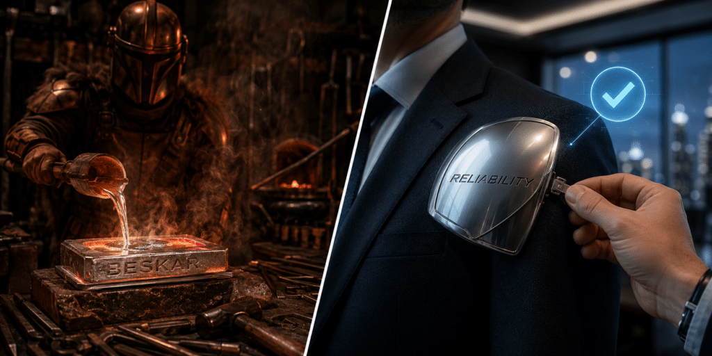 A dramatic, high-energy horizontal split-screen image set inside a modern, engineering workshop and a boardroom. On the left, a traditional Mandalorian forge (with the Armourer’s tools) is actively glowing red, melting silver Beskar. On the right, a close-up of a business professional’s hand is having a sleek, polished silver custom 'Reliability' pauldron attached to their tailored suit jacket. A subtle holographic checkmark icon hovers above the attachment, symbolising the forging of a major professional reputation.