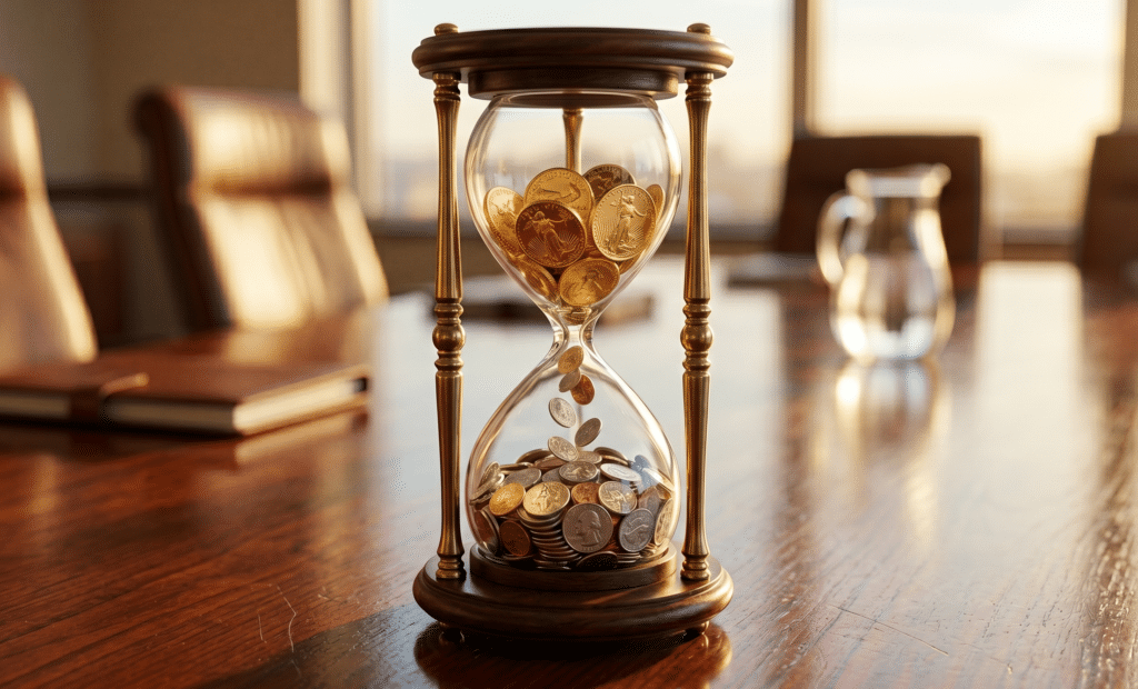 A macro photography shot of an elegant hourglass sitting on a polished mahogany boardroom table. Instead of sand, the top glass is filled with a few large gold coins, which are slowly trickling down into the bottom half and multiplying into hundreds of smaller, diverse silver and copper coins. Style: photorealistic, shallow depth of field, warm golden hour lighting, symbolising wealth diversification over time.
