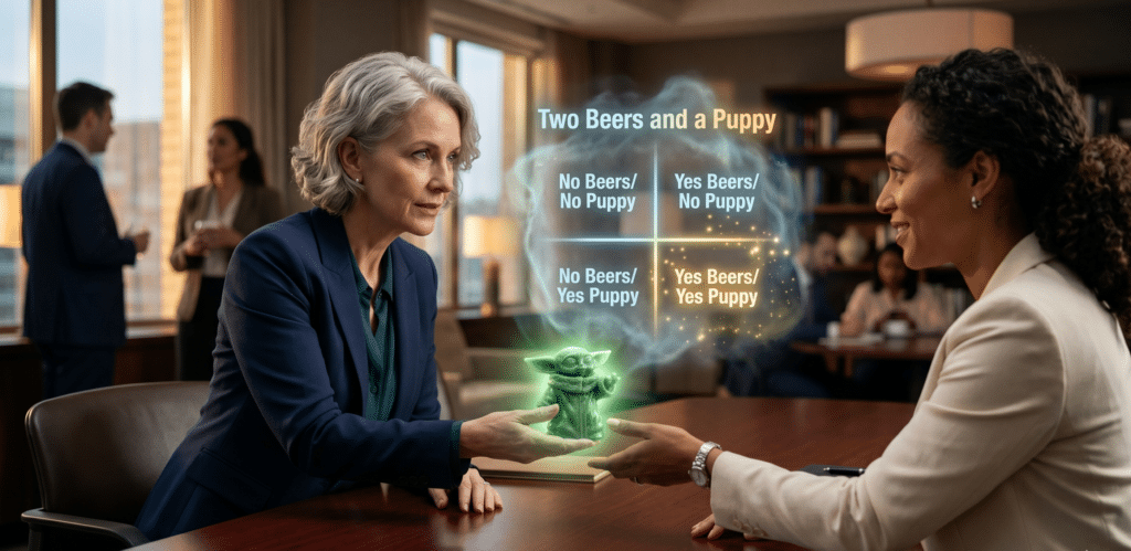 A detailed candid photograph using a subtle glowing overlay. A professional woman (resembling Julie, early 50s, tailored dark blazer) is gently and fiercely handing a small, intricately carved, glowing green Grogu figurine (representing the light of a top-tier client referral) to another reliable professional across a polished wooden table. A spectral, slightly smoky version of the "Two Beers and a Puppy" glowing matrix (Yes Beers/Yes Puppy) used previously is superimposed over the exchange, illustrating the optimal choice. The background is a soft-focus, busy, but safe and trustworthy environment.