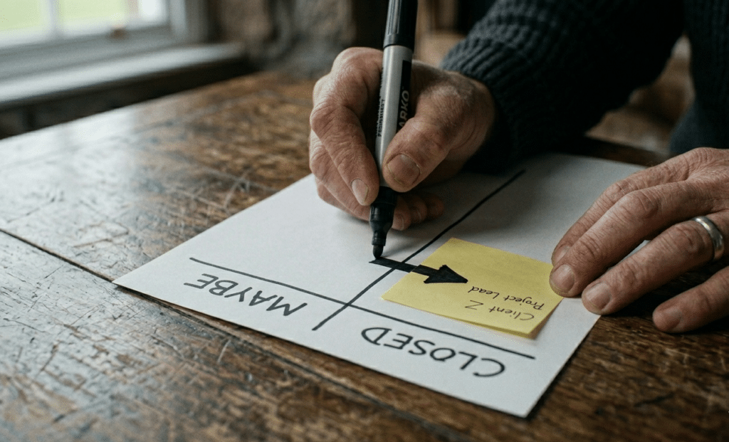 Close-up shot on a rustic wooden table. A pair of hands holding a thick black marker, decisively drawing an arrow on a sticky note, moving it from a column labeled "MAYBE" to a column labeled "CLOSED". Soft, diffused natural lighting highlighting the texture of the paper and the grain of the dark wood.