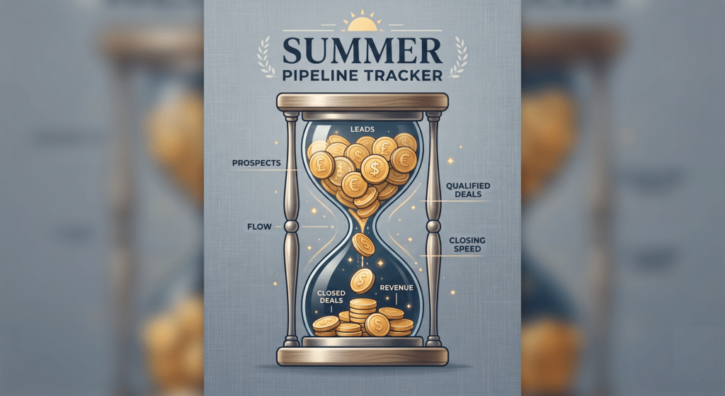 Using a clean, illustrative graphic design style and a subtle grey-blue linen background, create a stylised "Summer Pipeline Tracker" graphic featuring an hourglass where the top half is filled with gold coins, draining into the bottom half. Lit by soft, diffused light to make the graphic feel modern but tactile