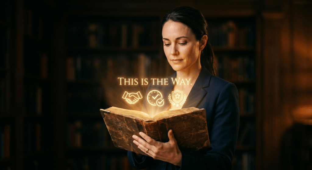 A minimalist, focused cinematic portrait. A professional is holding a weathered, leather-bound creed book. From the open pages, holographic script emanates, reading: "THIS IS THE WAY." Below it, a set of behavioral icons: a handshake, a clock with a checkmark, and a shielded reputation icon, all glowing with an intensity of deep integrity. The light is focused, sacred, and inspiring.