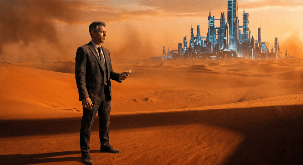 A high-contrast, atmospheric photograph. A lone business professional (resembling Glenn, late 40s, sharp suit but dusty, wearing a ring matching Cameron & Cameron branding) stands alone in a vast, desolate, orange-toned desert landscape at sunset, reminiscent of the Outer Rim. In the distance, a massive, complex, glowing futuristic business hub is visible, hopelessly out of reach. He holds a single, transactional tracking fob that is flickering dimly. He looks small, isolated, and overwhelmed.