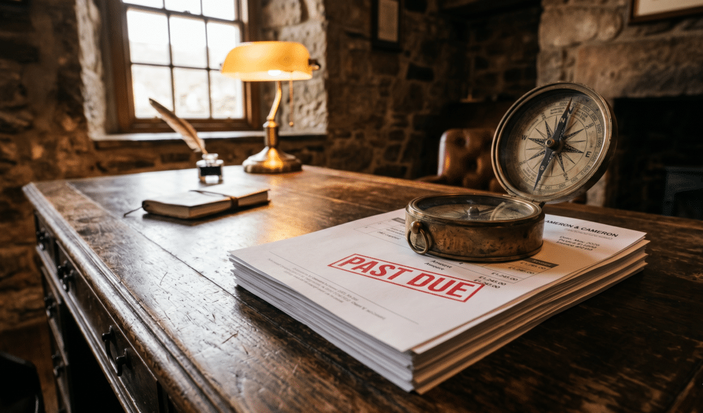 A neat stack of printed invoices on a heavy wooden desk in a stone-walled office. The top invoice is stamped with a red "PAST DUE" mark. The stack of papers is being weighed down by a vintage brass maritime compass. Warm, atmospheric lighting.