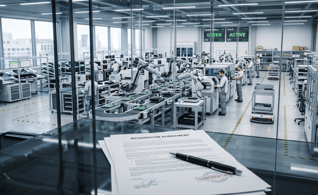 A wide, bright shot of a pristine, high-tech manufacturing floor operating seamlessly. The facility is brightly lit, highly organised, and bustling with activity, but there is no central manager in sight—the system is running itself perfectly. In the foreground, out of focus, are legally binding acquisition documents and a sleek pen resting on a glass desk. Style: hyper-realistic photography, modern industrial aesthetic, clean lines, cool professional lighting.