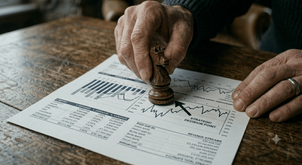 Close-up shot on a rustic wooden table. A pair of hands decisively sliding a vintage wooden chess piece (a knight) across a document covered in financial charts. The lighting is warm but tense, emphasising the texture of the wood and the strategic, calculated movement of the hands.