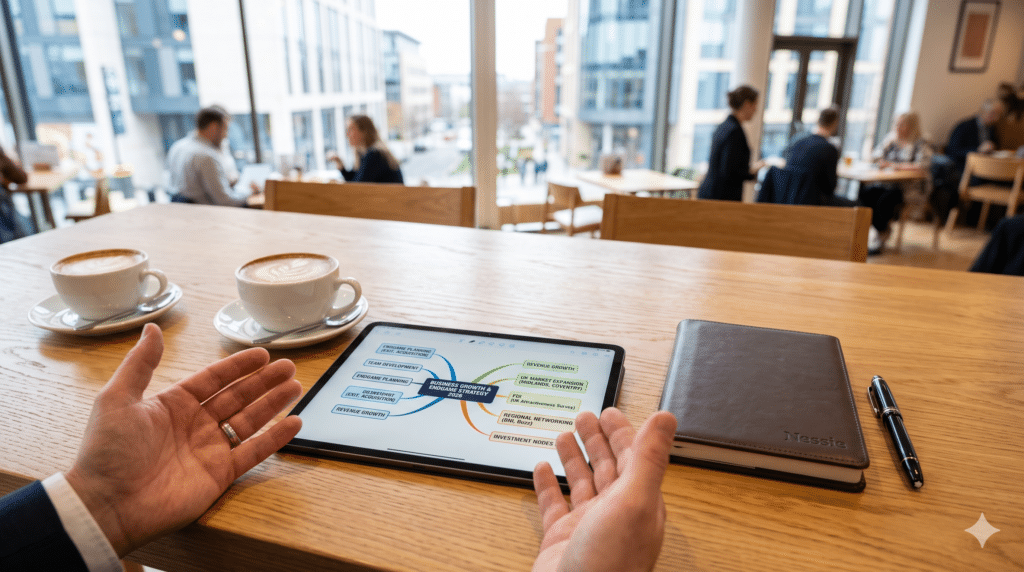 A clean, minimalist, close-up 16:9 photograph of a modern oak café table. On the table sits two steaming cups of artisanal coffee, alongside a sleek digital tablet displaying a colorful business strategy mind-map. A premium leather notebook and a high-end fountain pen rest next to the tablet. A person's hands are visible entering the frame, gesturing openly as if inviting someone to sit down and discuss endgame planning and business growth. Bright, inspiring, and forward-looking.