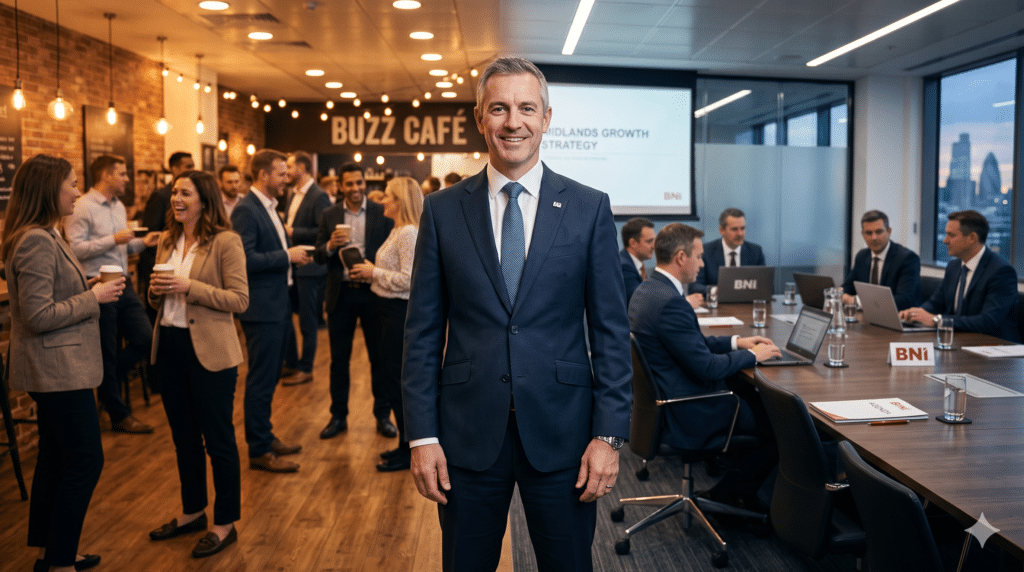 A dramatic, transitional 16:9 split-environment photograph. Standing perfectly in the center is a confident, charismatic male professional in his late 40s wearing a sharp, tailored suit. The left side of the image is lit with the warm, ambient, lively lighting of a busy open-networking cafe. The right side of the image smoothly transitions into the crisp, focused, authoritative lighting of a structured corporate boardroom. The central figure anchors both worlds, looking directly at the camera with a welcoming smile.