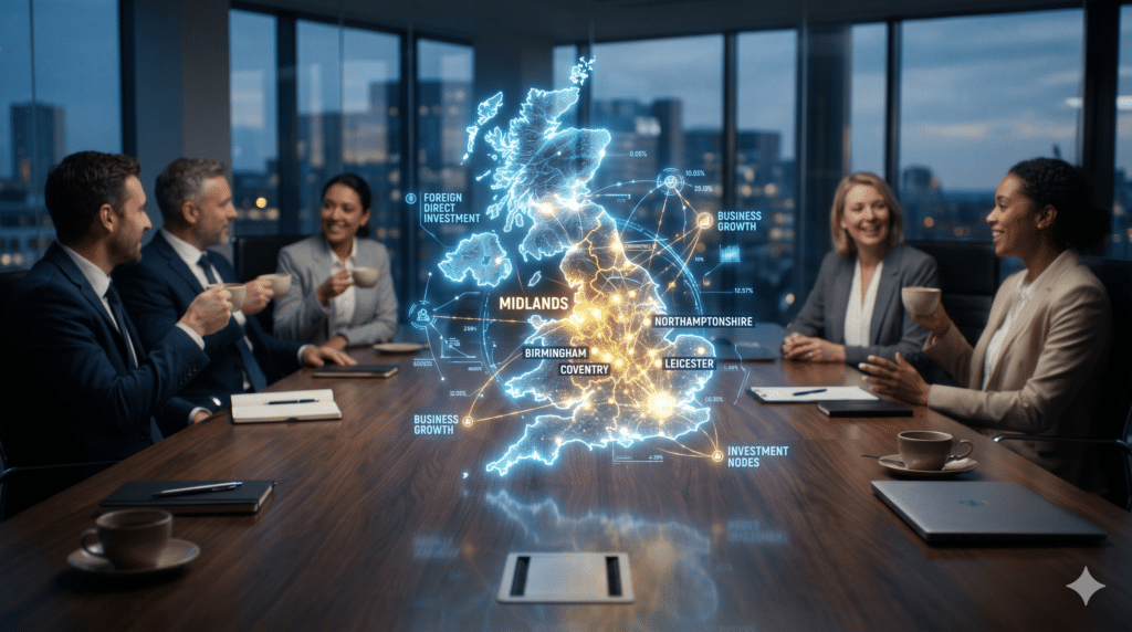 A high-end, cinematic 16:9 photograph of a polished boardroom table. In the center of the table is a luminous, high-tech holographic projection of the UK, with the Midlands region glowing brightly with interconnected nodes of light representing Foreign Direct Investment and business growth. Around the table, out of focus, business professionals are engaged in lively conversation over coffee. Modern, optimistic, and strategic atmosphere.
