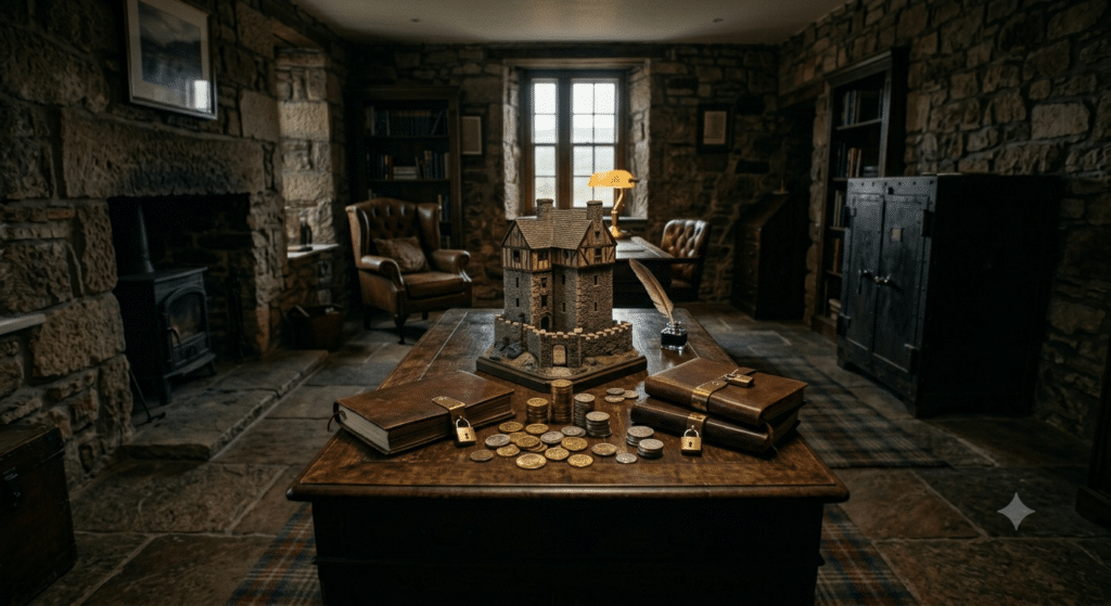 A wide shot of the stone-walled Scottish office. In the centre of the heavy wooden desk, a small, intricate model of a fortress or castle keep is surrounded by stacks of coins and locked ledgers. The lighting is slightly dim and protective, casting long shadows, symbolising a defensive, closed-off business posture.