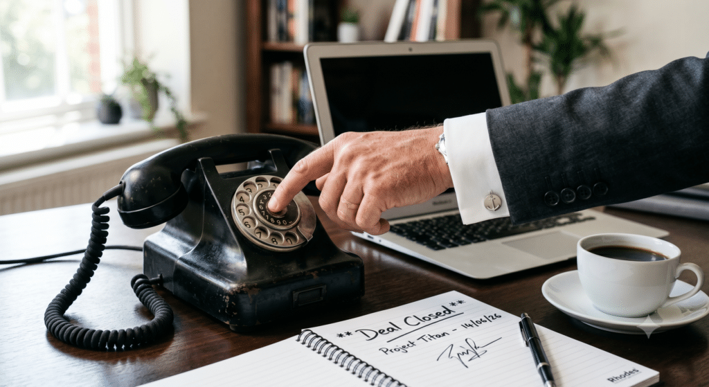 A highly detailed, shallow depth of field photograph of a person's hands operating a classic, heavy black rotary telephone on a desk. The hands belong to a professional (wearing a sharp suit cuff). In the softly blurred background, a modern laptop screen is visibly shut down and dark. Next to the telephone sits a traditional cup of black coffee and a notepad with the words "Deal Closed" written in bold ink. The lighting is strong and confident, highlighting the tactile nature of the phone.