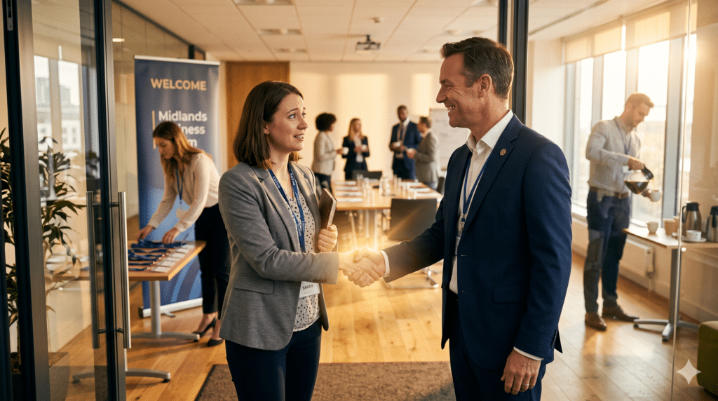 A warm, inviting 16:9 photograph set just inside the doors of a professional boardroom bathed in early morning sunlight. In the foreground, a confident professional is warmly shaking hands and smiling reassuringly at a slightly nervous first-time visitor. In the soft-focus background, other professionals are proactively setting up banners, arranging name badges, and pouring coffee. A subtle golden glow highlights the handshake, representing the "Seek and Serve" mentality.