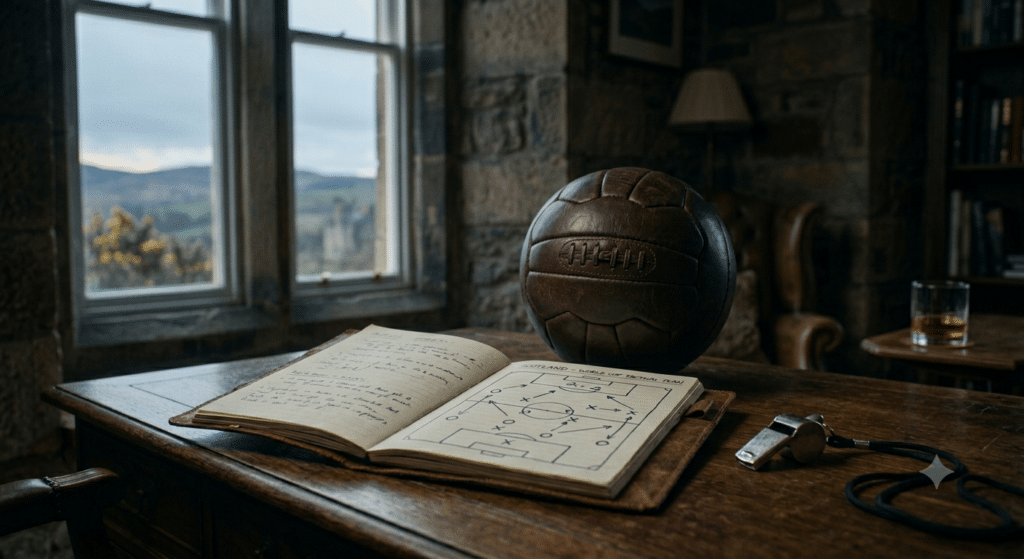 Cinematic shot, depth of field. A heavy dark wooden desk in a Scottish executive office with rough stone walls. Diffused, dramatic natural light from a window. On the desk rests a classic leather football, a silver referee's whistle, and an open leather-bound notebook displaying a hand-drawn tactical formation (arrows and X's). A glass of neat whisky sits in the background.