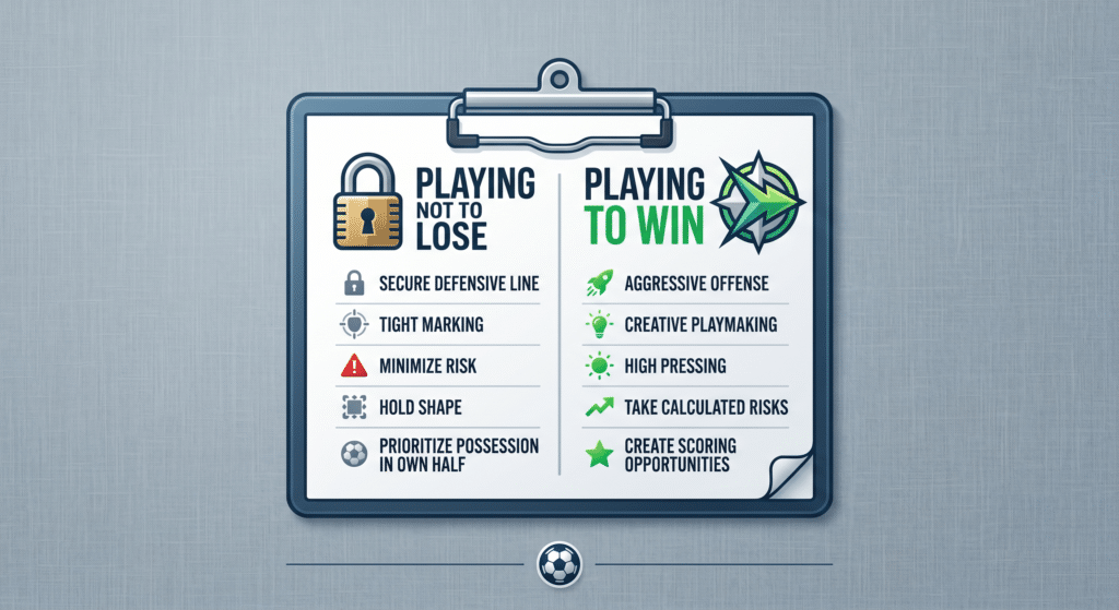 A clean, illustrative graphic design style. A subtle grey-blue linen background. A stylised graphic of a football manager's tactical clipboard. The clipboard is split into two columns: "PLAYING NOT TO LOSE" (with a padlock icon) and "PLAYING TO WIN" (with a forward arrow icon). Lit by soft, diffused light to make the graphic feel tactile and modern.