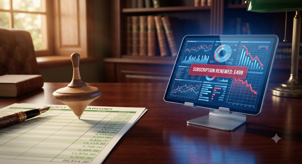A conceptual still life photograph on a neat, polished mahogany executive desk. On the left side stands a classic, beautifully crafted vintage wooden spinning top, resting on top of a printed, positive business ledger showing green profit margins. On the right side sits a sleek, ultra-modern digital tablet, its screen glowing brightly with complex, confusing data charts and a large red "Subscription Renewed: £499" notification. The lighting is cinematic, with a warm, nostalgic light on the wooden toy and a harsh, cold blue light emitting from the tablet screen. High resolution, photorealistic textures.