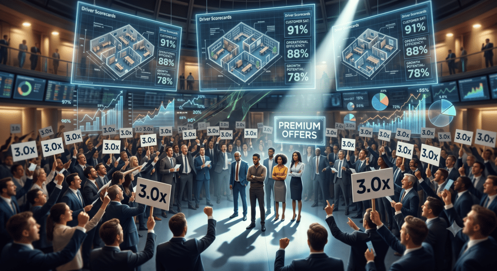 A wide-angle, slightly elevated view of a futuristic stock exchange trading floor. Instead of company tickers, massive, suspended holographic screens display complex, unique architectural floor plans of small businesses, layered with "Driver Scorecards" and percentage numbers. A dense crowd of well-dressed, intensely focused buyers is shouting and waving bid tickets, but the overwhelming majority of the physical signs they are holding are simple, bold text signs that read: "3.0x." A single, tight spotlight dramatically cuts through the crowd to illuminate a small group of owners standing near a separate, glowing sign that says "PREMIUM OFFERS," who look disappointed by the lack of attention. Data visual effects (line graphs, pie charts) are layered over the entire scene, appearing to rise from the floor. Intense dramatic lighting, mixing warm spotlights with cold, digital light. Shallow depth of field focused on the central group of disappointed owners.