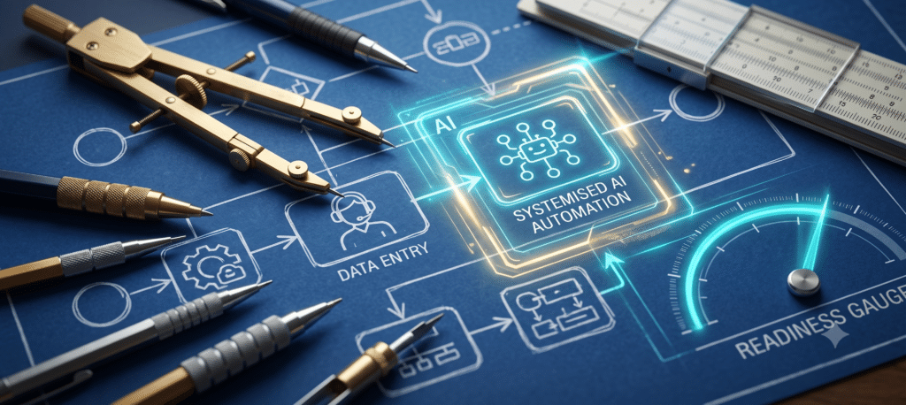 A detailed close-up shot of an analog blueprint of a complex business workflow. The paper blueprint is partially covered by a collection of traditional analog tools: a brass drafting compass, several mechanical pencils, and a sliding rule. However, these tools are visibly being pushed aside by a glowing, semi-transparent AI digital interface that is actively overlaying the blueprint. The AI interface is automatically replacing a tedious, human-intensive 'Data Entry' step with a new, streamlined, 'SYSTEMIZED AI AUTOMATION' workflow icon. Visually, this is causing a 'READINESS GAUGE' next to the blueprint to physically move upward. Macro detail, shallow depth of field, focused on the intersection of the analog blueprint and the glowing AI light. Colour palette: deep blueprints and polished brass transitioning to electric cyan and gold AI light effects.