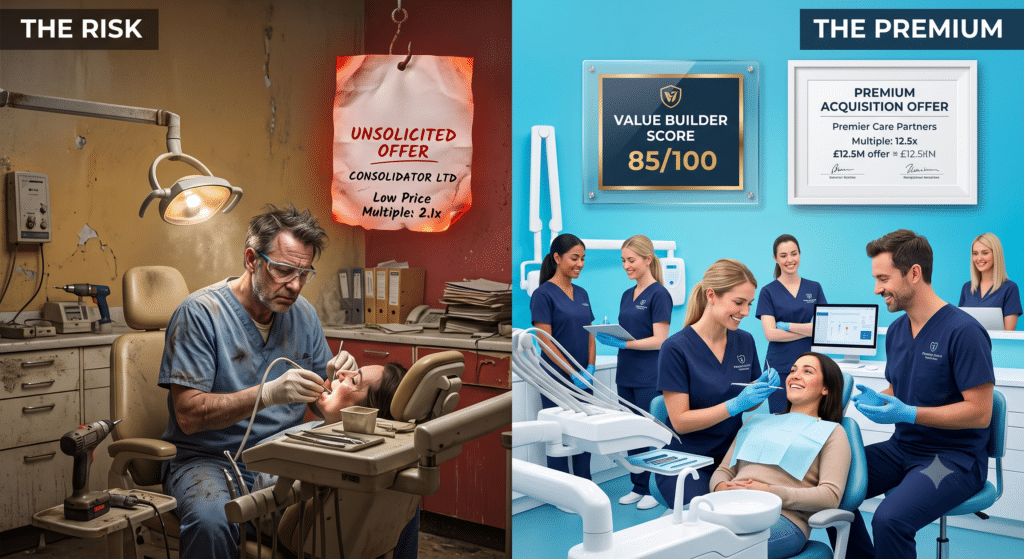 A vertical split composition within one frame.

Left Side (The Risk): A dimly lit, slightly dusty dental practice. A single, stressed dentist, wearing old clinical wear, is working alone, with all older equipment and paper files. Above their head, a red-hot, crumpled "UNSOLICITED OFFER" document from a faceless "CONSOLIDATOR CORP" hangs on a hook, showing a low price multiple.

Right Side (The Premium): A clean, brightly lit, systemized modern practice. Two relaxed dentists in sleek uniforms are working with a cohesive, incentivized team. All modern equipment is automated. Above them, a high-Value Builder Score plaque (e.g., 85/100) and a pristine "PREMIUM ACQUISITION OFFER" document are professionally framed. The background color shifts from a weary ochre/dusty red to a clean, trusting blue/cyan. Focus on contrasting environmental textures and atmospheres.