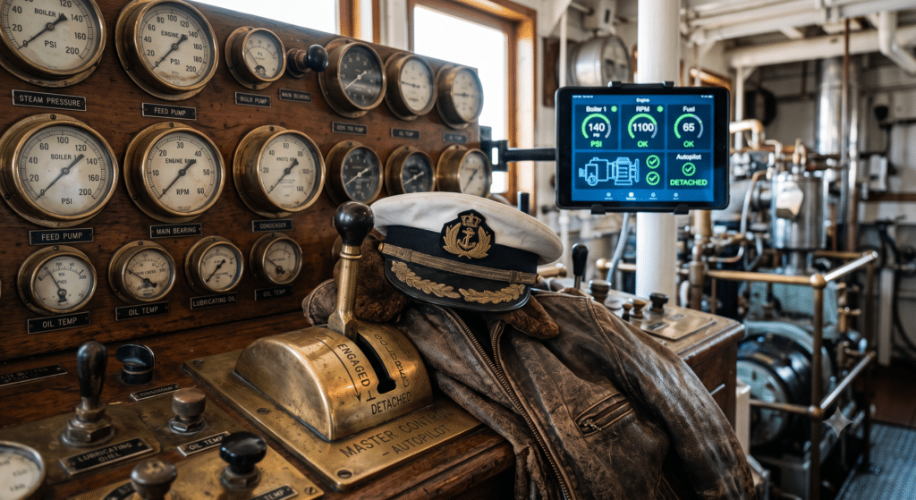 A hyper-detailed close-up of an intricate, vintage engine room control panel, showing dozens of analog gauges, brass valves, and levers. A weathered leather pilot's jacket and a captain's cap are casually draped over the single largest lever, which is clearly a customized "Master Control - Autopilot" switch that has been firmly engaged into the "DETACHED" position. All other systems visible on the panel are running optimally. In the background, softly blurred by a shallow depth of field, is a pristine, sleek, glowing digital tablet interface displaying the exact same engine systems but in simplified, clean, data-viz form, with green checkmarks. A warm light from an unseen window mixes with the cool blue light of the tablet. Focus is on the leather, brass, and textures of the analog controls.