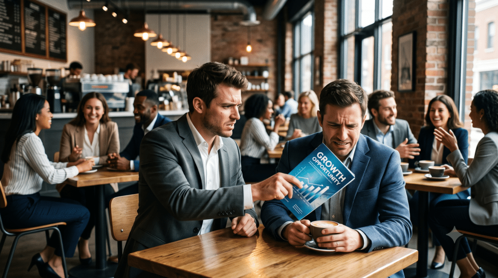 A cinematic, slightly high-contrast photograph set in a modern, busy coffee shop. In the foreground, a stressed-looking professional is aggressively thrusting a glossy promotional brochure toward a polite but visibly uncomfortable colleague across the table. The lighting emphasizes the tension of the hard sell. In the soft-focus background, other professionals are engaged in relaxed, collaborative conversations. The image captures the awkwardness of transactional networking.