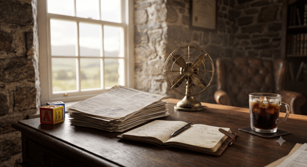 Cinematic shot, depth of field. A heavy dark wooden desk in a Scottish executive office with stone walls. Soft, hazy summer light streaming through a window. On the desk, a child's brightly colored wooden toy block sits incongruously next to a stack of complex shipping manifests, an open leather notebook, and a small, vintage brass desk fan. A cup of iced coffee sweats condensation onto a leather coaster.