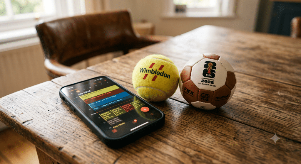 Close-up shot on a rustic wooden table. A classic yellow Wimbledon tennis ball and a miniature leather World Cup 2026 soccer football rest next to a glowing smartphone displaying a calendar filled with overlapping "Out of Office" and "School Holiday" blocks. Warm, diffused natural lighting emphasising the texture of the wood and the felt of the tennis ball.