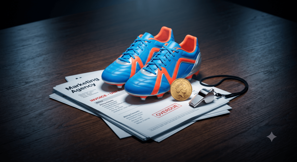 A conceptual still life photograph taken on a dark, polished oak executive desk. In the centre sits a pair of pristine, unworn, brightly coloured professional football boots resting on top of a stack of unpaid invoices from a "Marketing Agency". Next to the boots is a heavy British gold coin and a coach's whistle. The lighting is dramatic and moody, with a cold stadium spotlight illuminating the unworn boots, highlighting the wasted potential and the cost of inactivity. Cinematic, high-resolution, photorealistic.