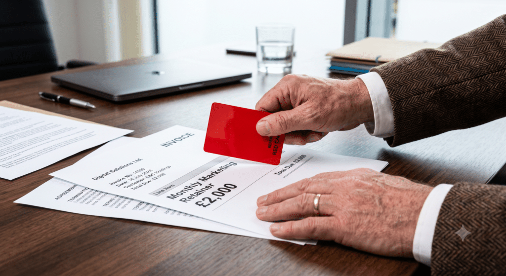 A close-up, highly detailed photograph of a person's hands reviewing a business contract on a desk. The hands belong to a 'Canny Scot' (wearing a subtle tweed cuff). They are decisively slamming a bright, glossy red football referee's card down directly onto a printed invoice labelled "Monthly Retainer: £2,000". The lighting is focused, bright, and clinical, emphasising the clarity and finality of the decision. Professional office environment aesthetic.