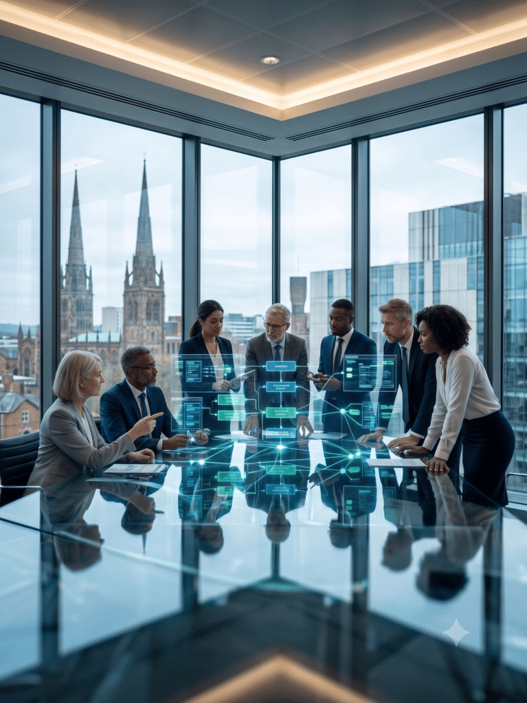 A cinematic, highly detailed photograph of a sleek, modern corporate boardroom based in Coventry. A diverse team of professionals are collaborating effectively around a glass table, reviewing holographic, interconnected flowcharts that float above the desk. The scene represents a flawless, systemised business running without the founder. High-end architectural lighting, photorealistic, 8k resolution, depth of field.