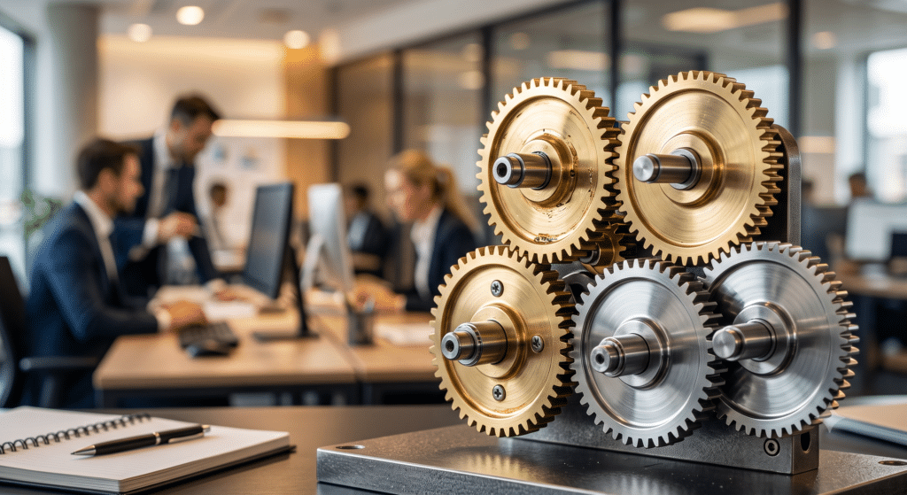 A macro photography shot of polished golden and silver metallic gears turning seamlessly together. In the softly blurred background, a bustling modern office environment with professionals working. The image symbolises a perfectly engineered business machine running on automated systems. Corporate aesthetic, dramatic and professional lighting, ultra-sharp focus on the gears.