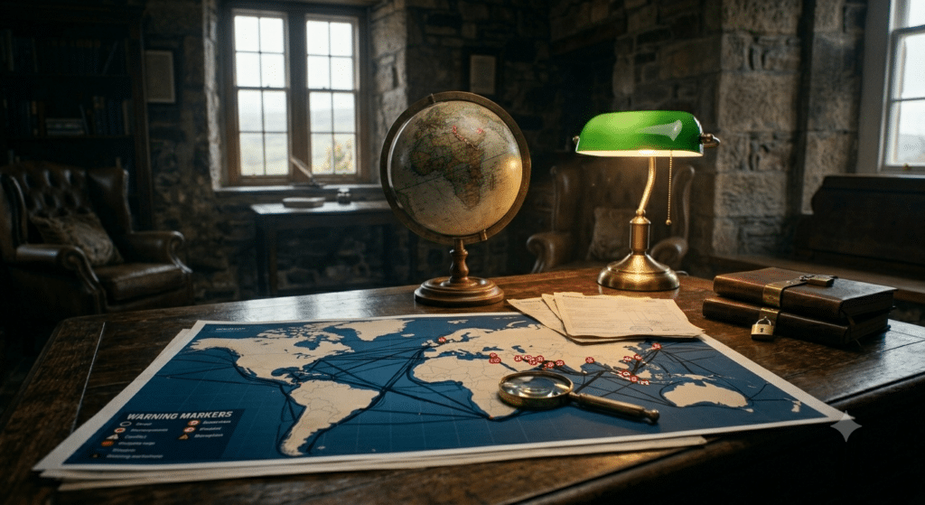 A wide, moody shot of the stone-walled Scottish office. On the heavy wooden desk, a vintage globe is illuminated by a classic banker's lamp. A brass magnifying glass rests on a printed map covered in red warning markers and shipping routes like the Strait of Hormuz. The lighting is slightly dim, symbolising the weight of global supply chain uncertainty.